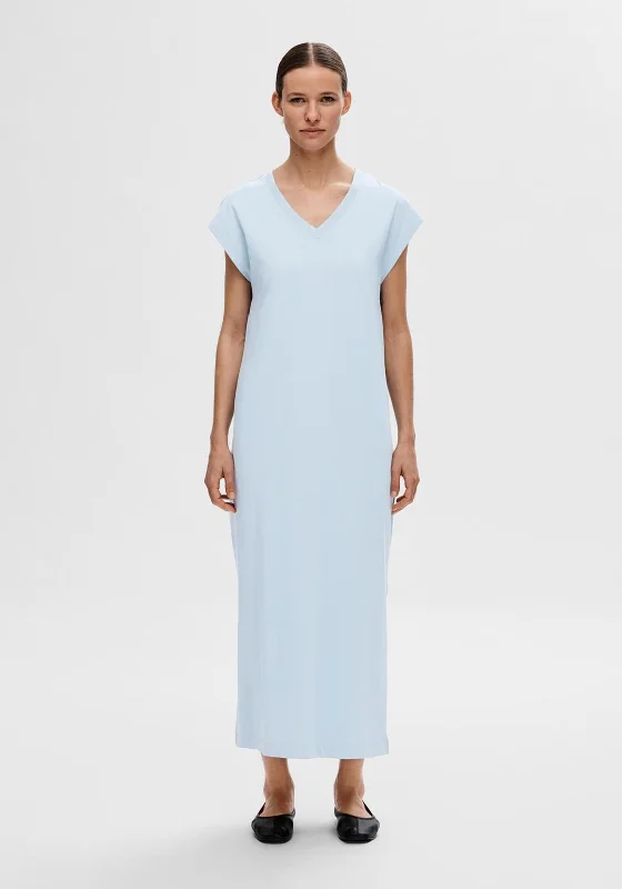 Selected Femme V Neck Jersey Maxi Dress, Cashmere Blue Comfortable Maxi Dress with Slits