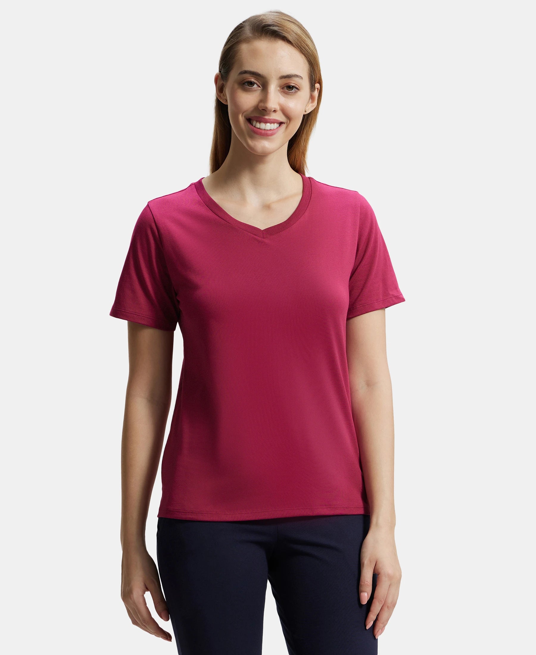 Super Combed Cotton Rich Fabric Relaxed Fit V-Neck Half Sleeve T-Shirt - Red Plum Mesh Blend Leather Blend Suede Blend