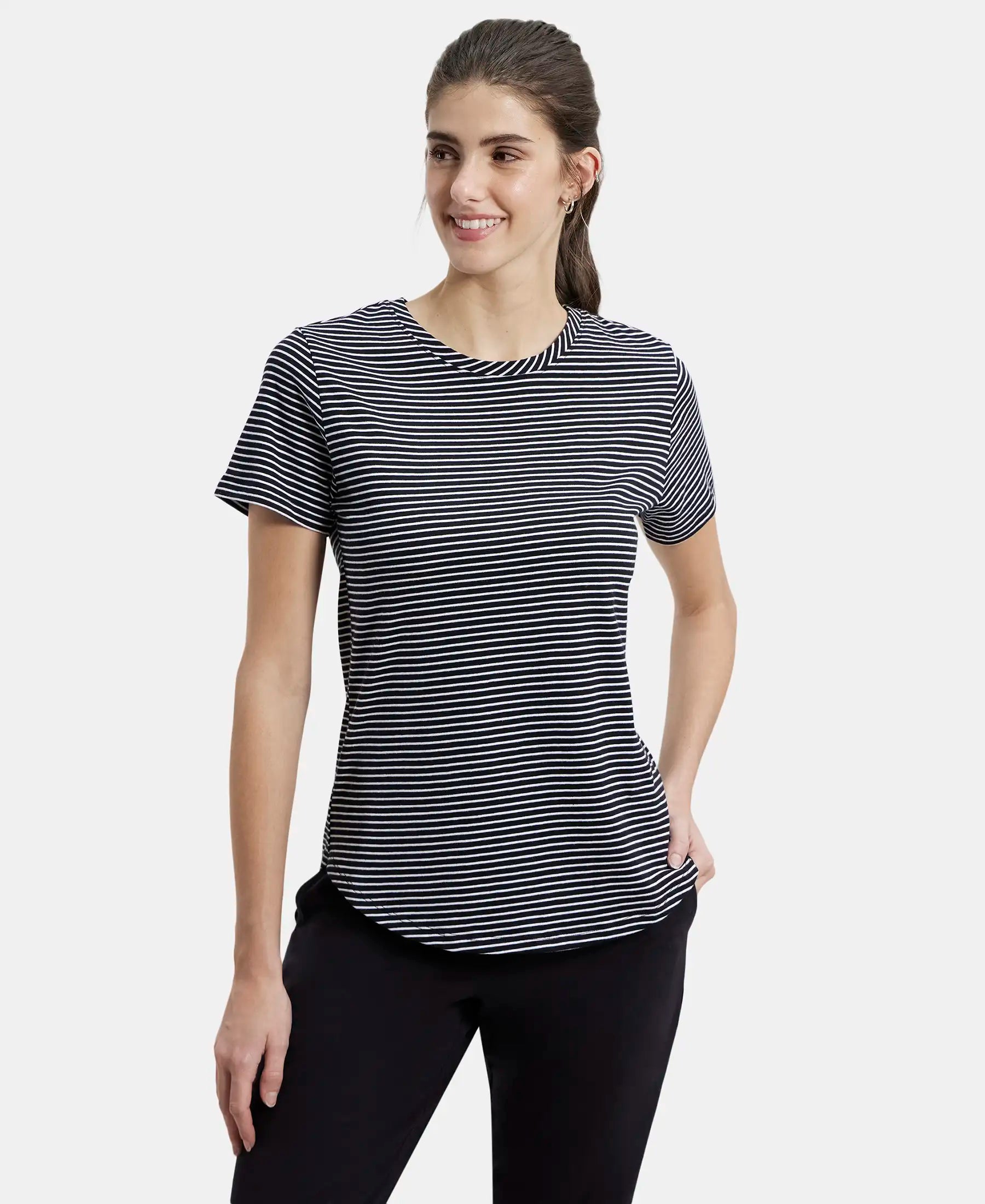 Super Combed Cotton Stripe Fabric Relaxed Fit Round Neck Half Sleeve T-Shirt with Curved Hem Styling - Black Zippered Buttoned Snapped