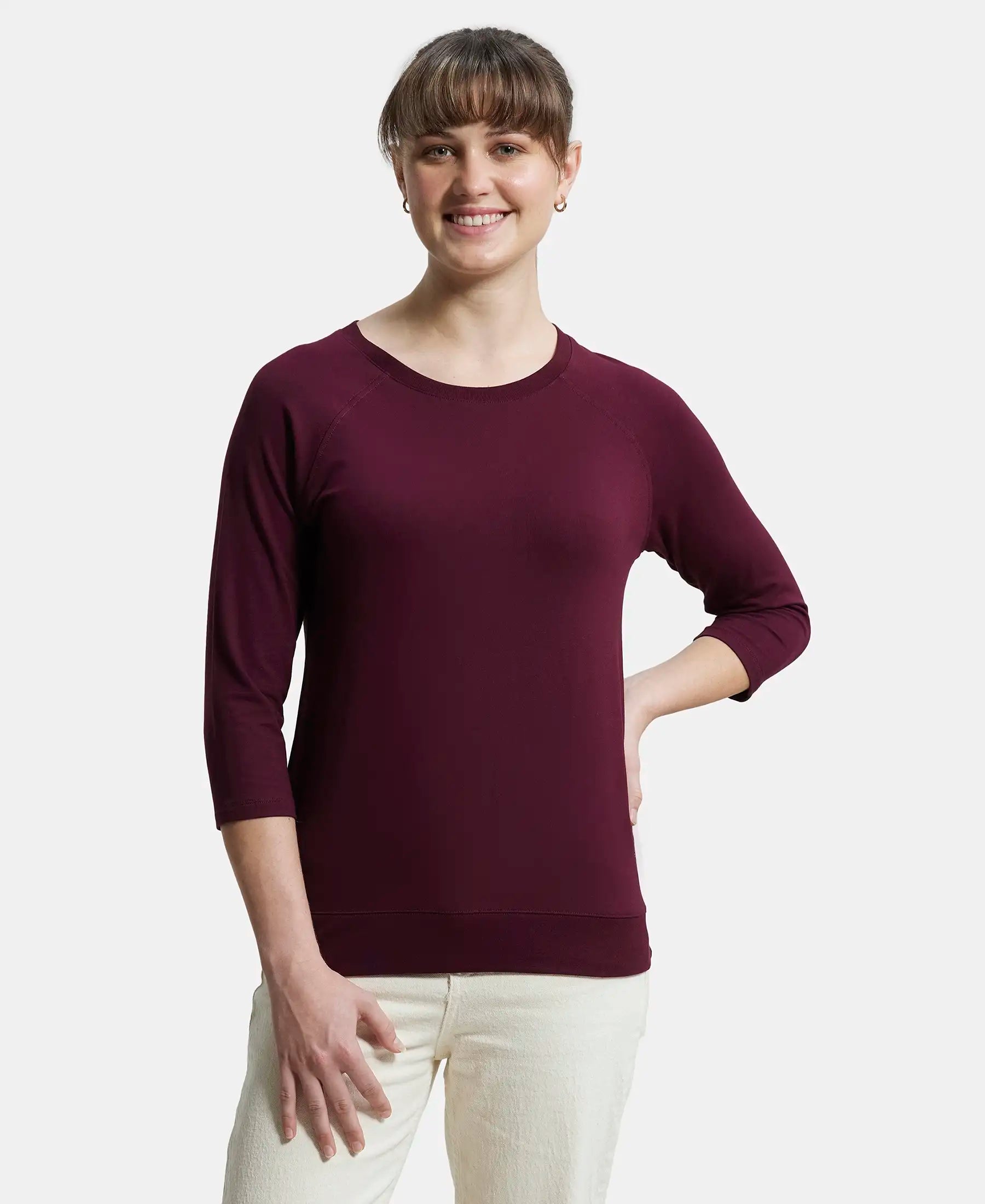 Super Combed Cotton Viscose Elastane Stretch Regular Fit Solid Round Neck Three Quarter Sleeve T-Shirt - Wine Tasting Iron Safe Non-Iron Wrinkle Free