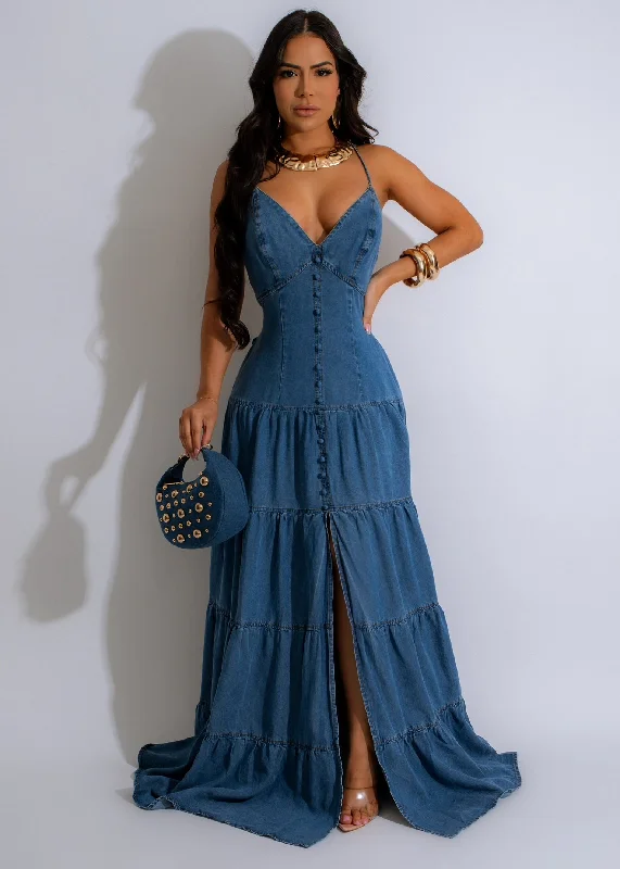 Sweet Girl Denim Maxi Dress Dark Denim Elegant Maxi Dress with Ruffles