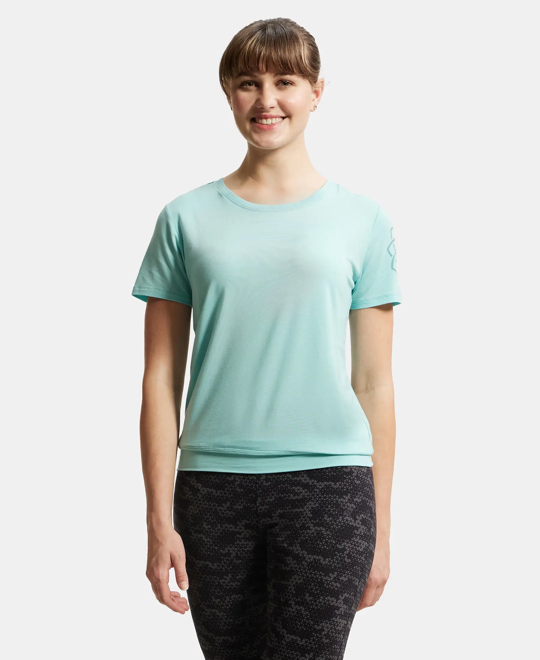 Tencel Lyocell Elastane Stretch Relaxed Fit Graphic Printed Half Sleeve T-Shirt - Aqua Haze Fleece Nylon Spandex