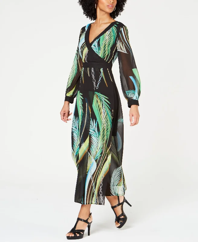 Thalia Sodi Palm Print Maxi Dress Trendy V-Neck Maxi Dress