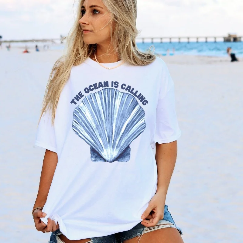 The Ocean is Calling Beach Seashell Tee - Watercolor Beach Tee - Seashell Tee - Mermaidcore - Ocean Aesthetic - Bella Canvas Unisex Tee Solid Print Embellished