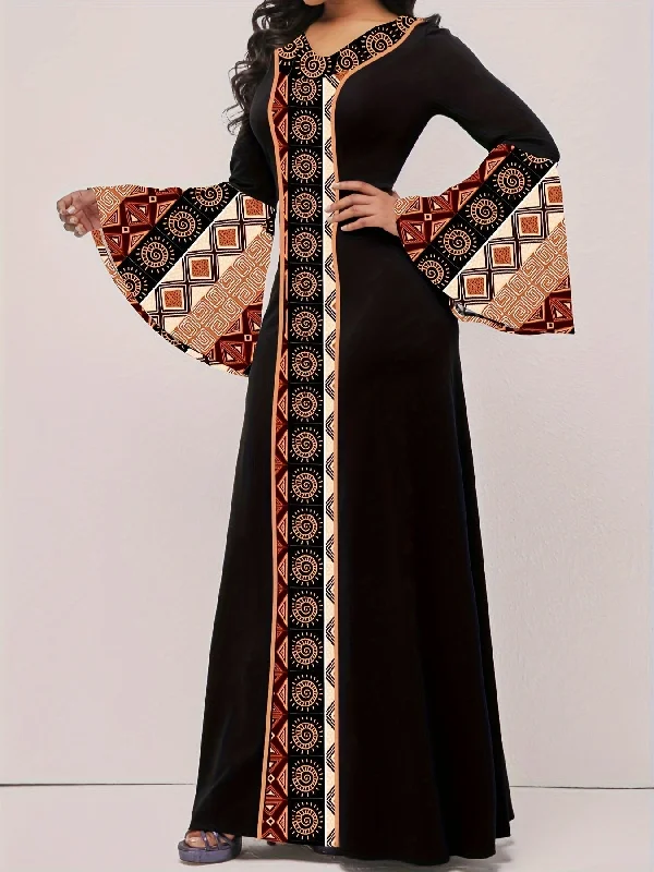 Tribal Print Patchwork Waist Maxi Dress, Elegant Flared Long Sleeve V-neck Comfortable T-Shirt Maxi Dress