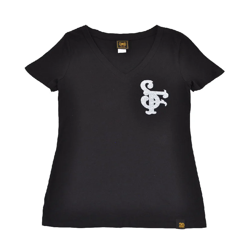 True Womens NSF V-Neck T-Shirt Black. Mesh Canvas Denim