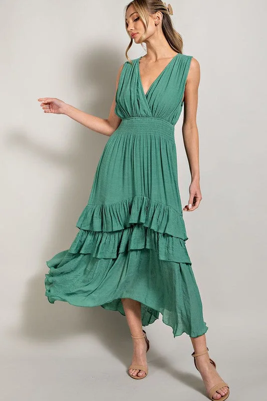 V NECK RUFFLE MAXI DRESS Stylish Long Sleeve Maxi Dress