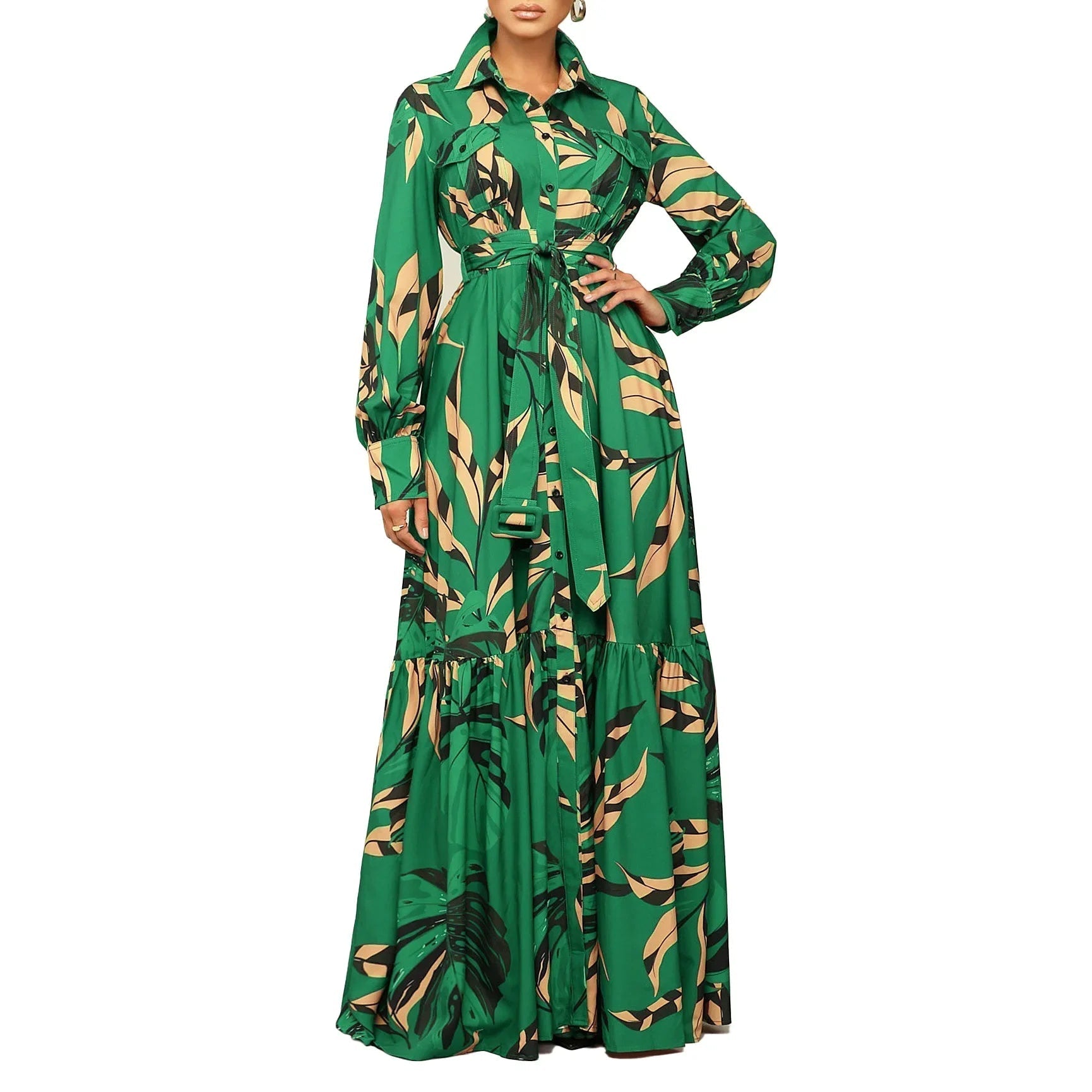 Vibrant Dashiki African Maxi Dress: Red Green Polyester Spring Long Sleeve V-neck Print Cozy Knit Maxi Dress