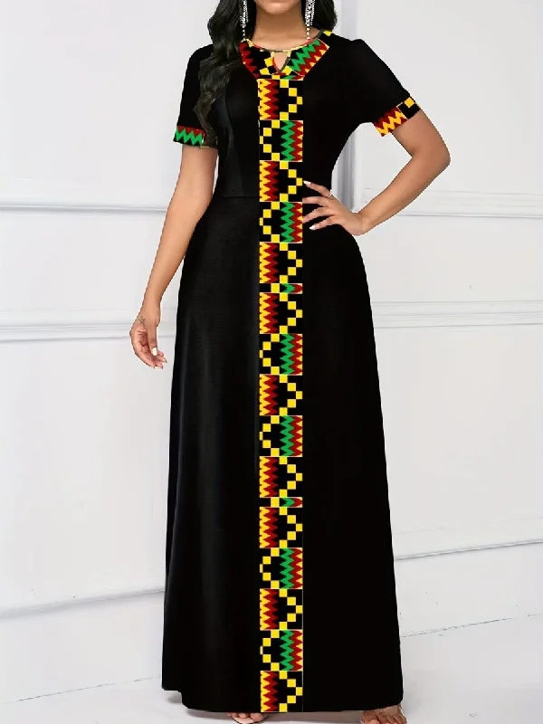 Vibrant Ethnic Print Maxi Dress - Chic Keyhole Detail, Relaxed Crew Neck, Short Sleeves, Flowy Floor-Sweeping Style Classic Strapless Maxi Dress