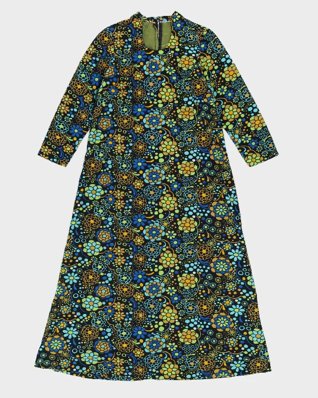 Vintage 1970s Blue Patterned Maxi Dress - S Cozy Cold-Shoulder Maxi Dress