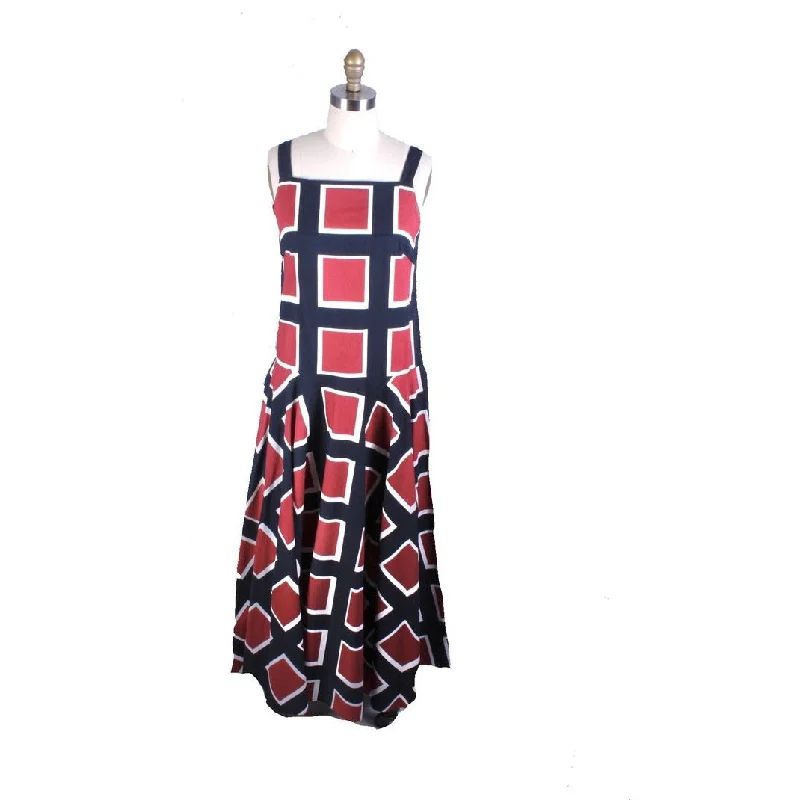 Vintage 1971 Marimekko Jumper Maxi Sleeveless Full Skirt Maxi Dress Cotton 38/10 Blue Red Trendy Maxi Dress with Straps