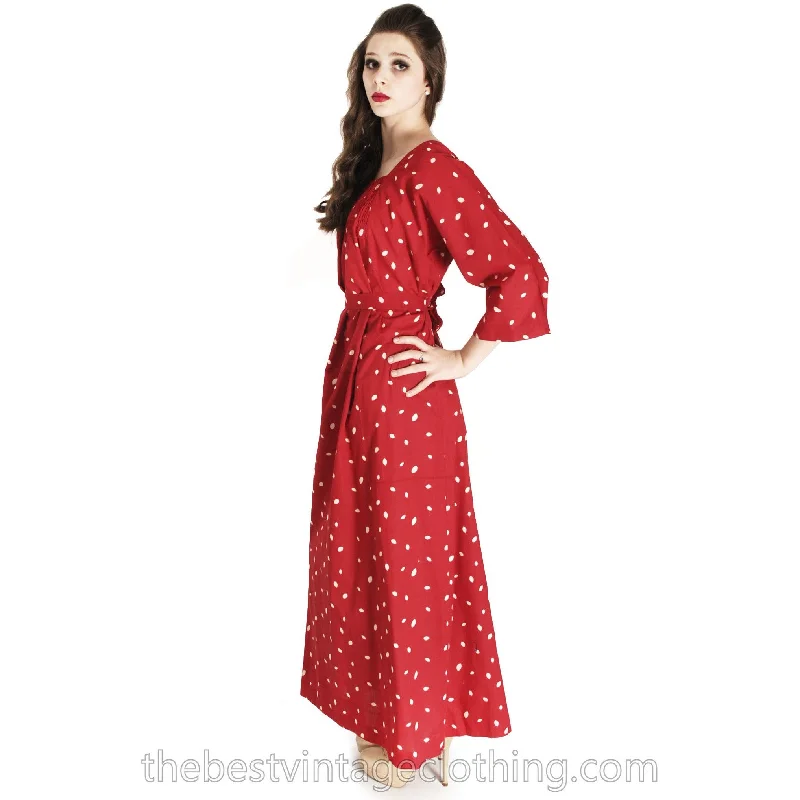 Vintage 1974 Marimekko Red Polka Dot Maxi Dress Designer Small Cotton Comfortable Plunging Neckline Maxi Dress