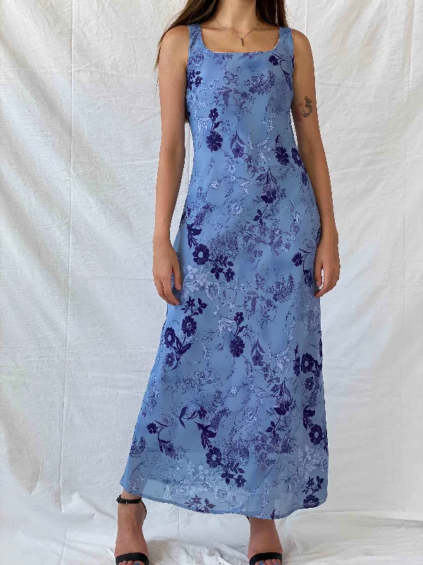 Vintage All That Jazz Blue & Navy Floral Sleeveless Maxi Dress - S Stylish Longline Maxi Dress