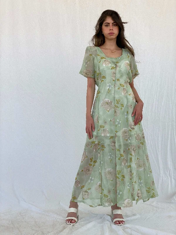 Vintage Handmade Mint Green Sheer Floral Print Maxi Dress - M Cozy Spaghetti Strap Maxi Dress