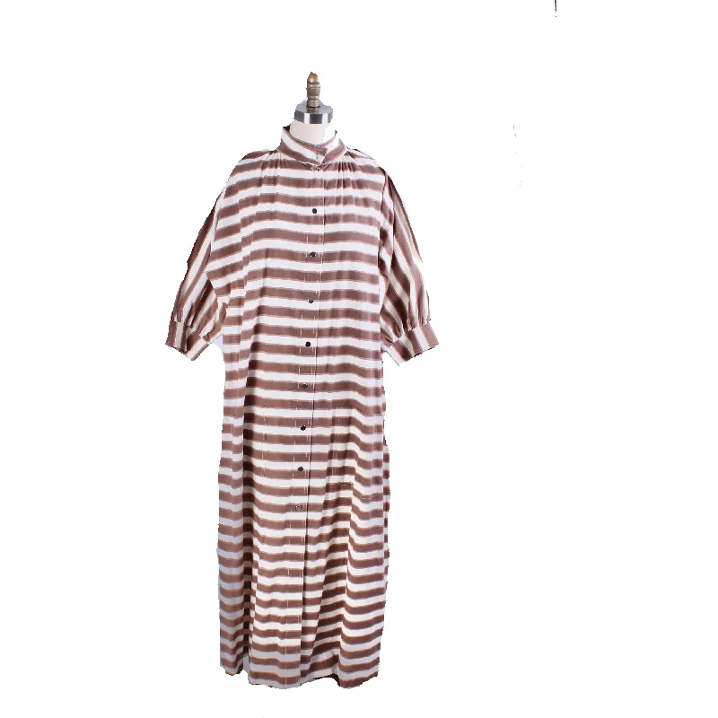 1970s Vuokko Maxi Dress Snap Front Horizontal Stripe Cotton  Mocha Brown 1970s M Cozy Spaghetti Strap Maxi Dress