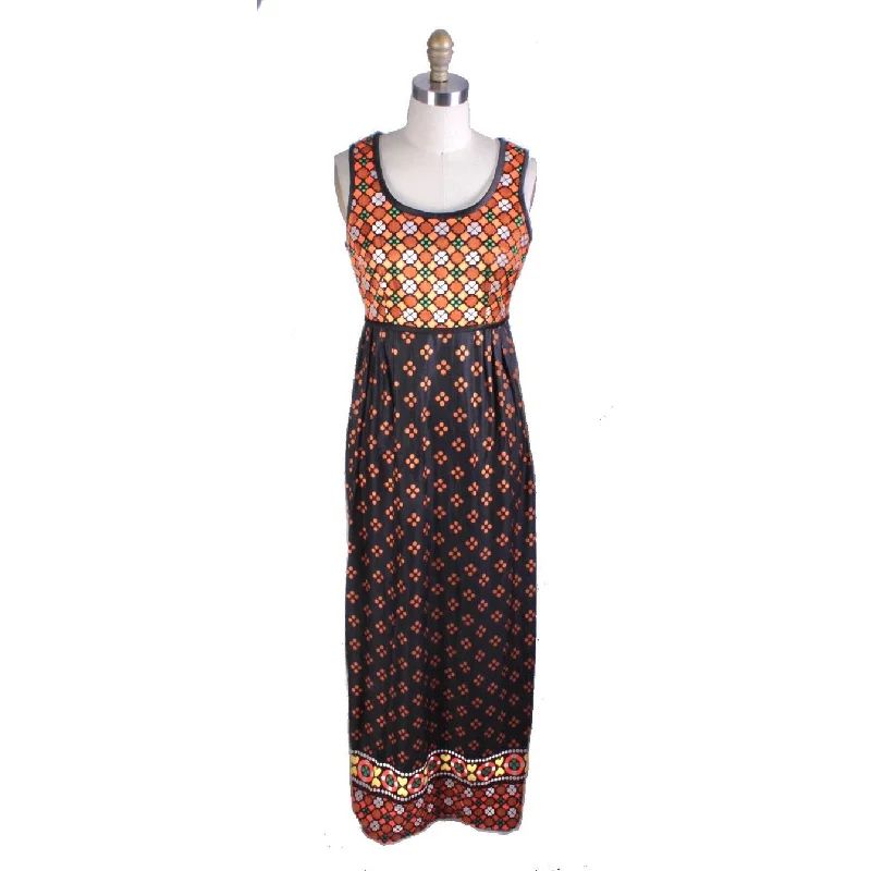 VTg 1960s Maxi Dress Gown Polka Dot Border Print Knit Sz S/M Knit Hippie Boho Comfortable Maxi Dress with Slits