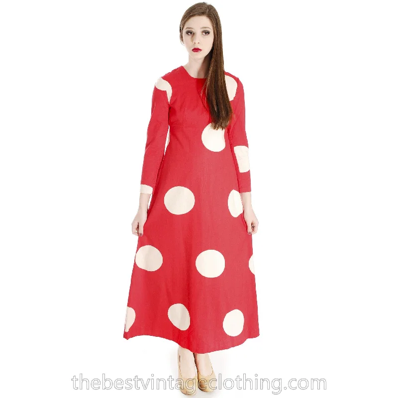 Vtg 1970s Kaisu Heikkilä Maxi Dress Vuokko Designer Fabric Red Polka Dot Maxi Classic Tulle Maxi Dress