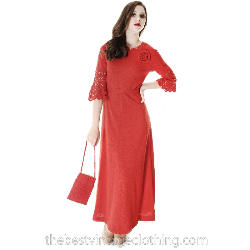 Vtg Finnish Red Wool Knitted Maxi Dress & Matching Bag 1970s Punainen Rukki Elegant Maxi Dress with Ruffles