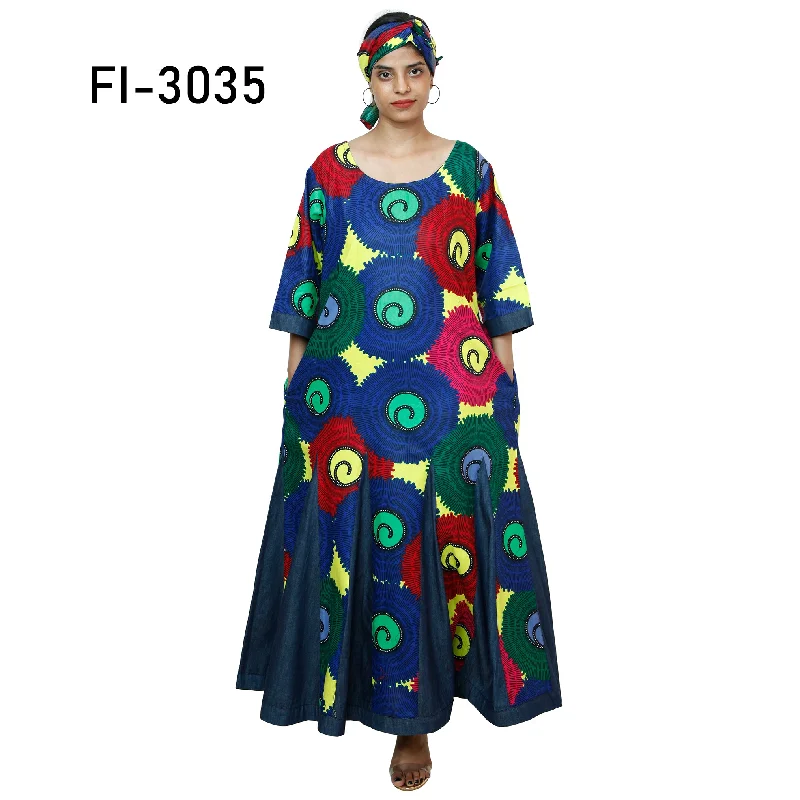 Women's Printed and Denim Long Sleeve Maxi Dress -- FI-3035 Stylish Maxi Dress with Pleats