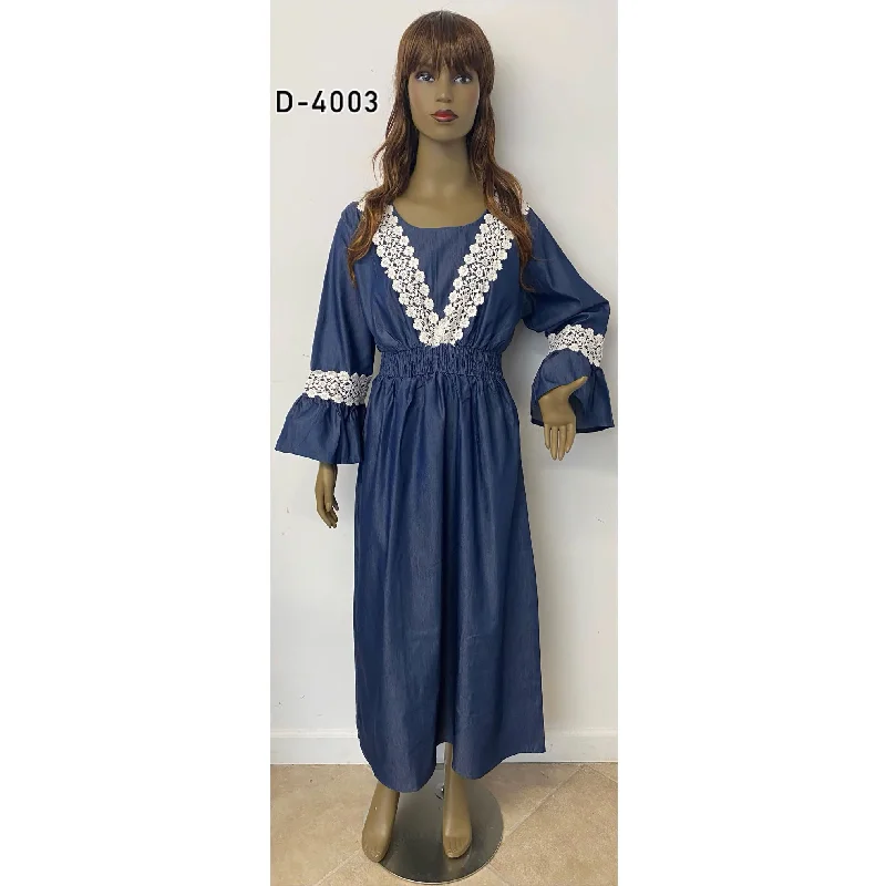 Women's White Embroidered Denim Maxi Dress - D-4003 Denim Comfortable Ruffle Maxi Dress