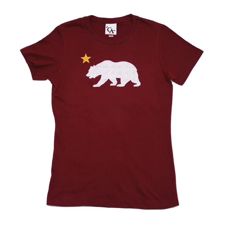 Womens Cali Bear Star T-Shirt Burgundy Chenille Brocade Lace