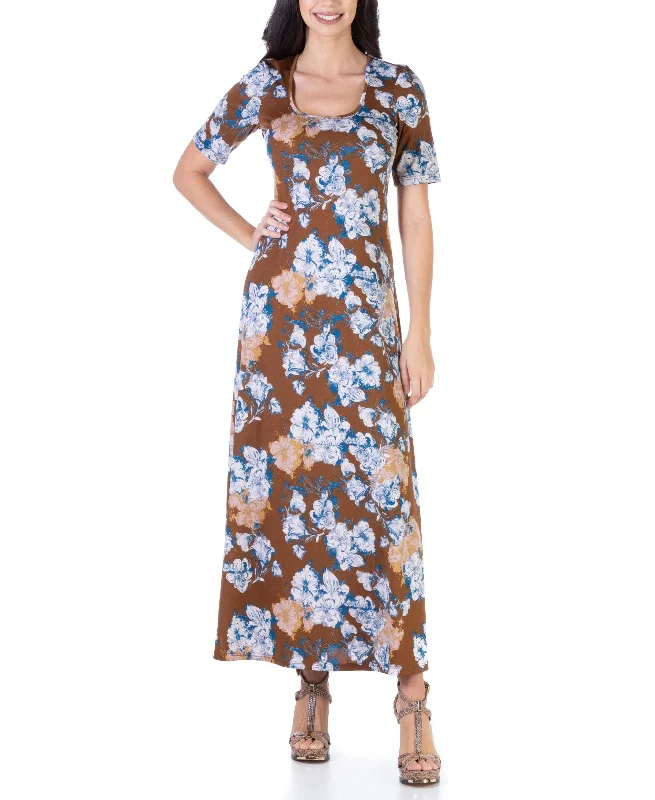 Women's Floral Elbow Sleeve Loose Long Casual Maxi Dress Trendy Printed Maxi Dress