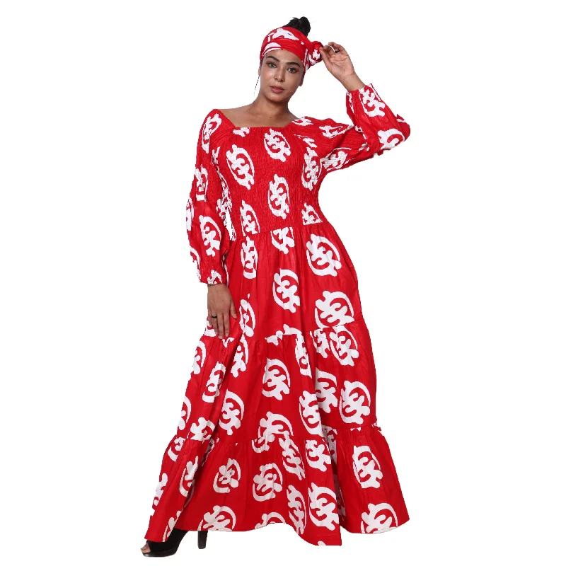 Women's Smocking Long Sleeve Maxi Dress -- FI-50083 Comfortable Maxi Dress with Slits