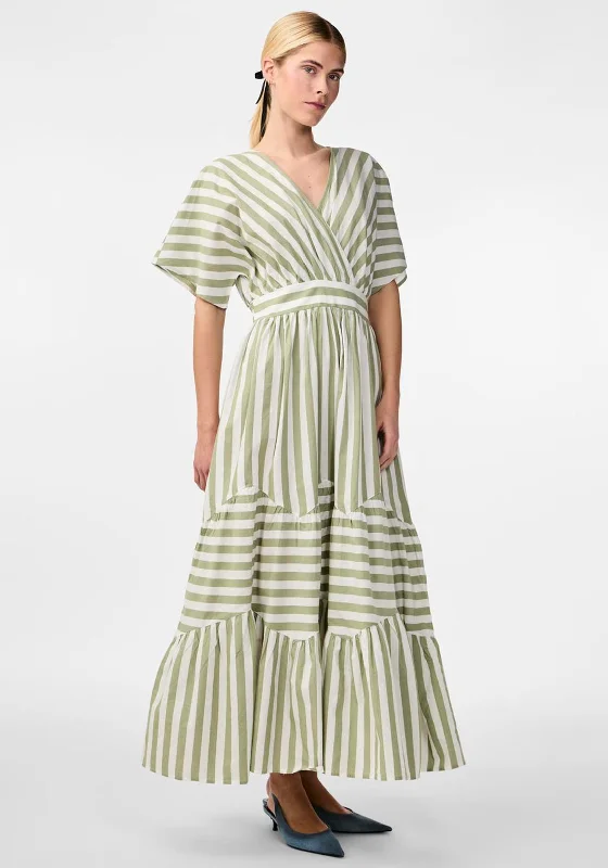 Y.A.S Roos Long Multi Striped Maxi Dress, Star White & Olive Green Elegant Maxi Dress with Pockets