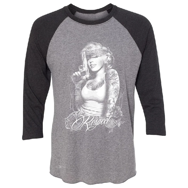 Zexpa Apparelâ„¢ Marilyn Monroe Gangster Respect  3/4 Sleevee Raglan Tee Tattoo Gun Babe Tee Spandex Blend Rayon Blend Denim Blend