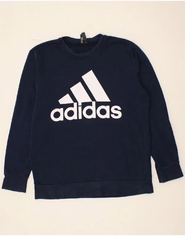 ADIDAS Mens Graphic Sweatshirt Jumper Large Navy Blue Cotton Hoodie with Hem Detail Decorative Unique