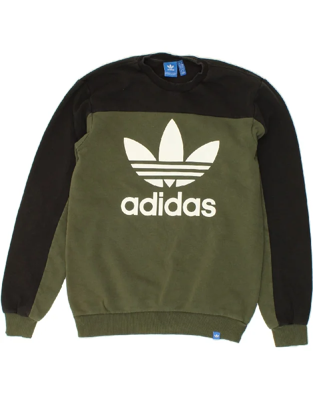 ADIDAS Mens Graphic Sweatshirt Jumper Small Khaki Colourblock Cotton Hoodie with Applique Textured Unique