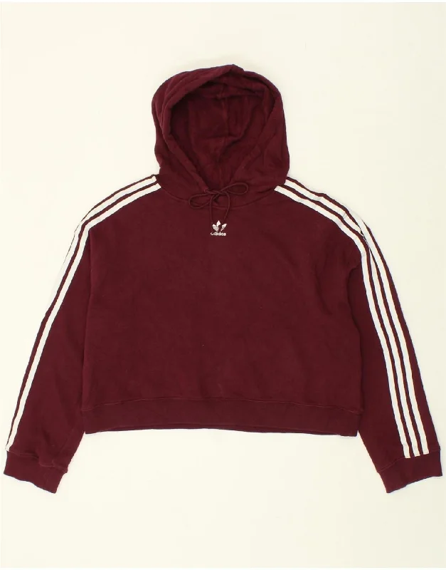 ADIDAS Womens Crop Hoodie Jumper UK 14 Large Burgundy Cotton Hoodie with Illustration Artistic Creative