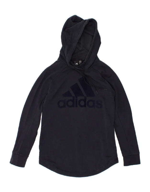 ADIDAS Womens Graphic Hoodie Jumper UK 12/14 Medium Navy Blue Cotton Hoodie with Hem Frayed Vintage Worn