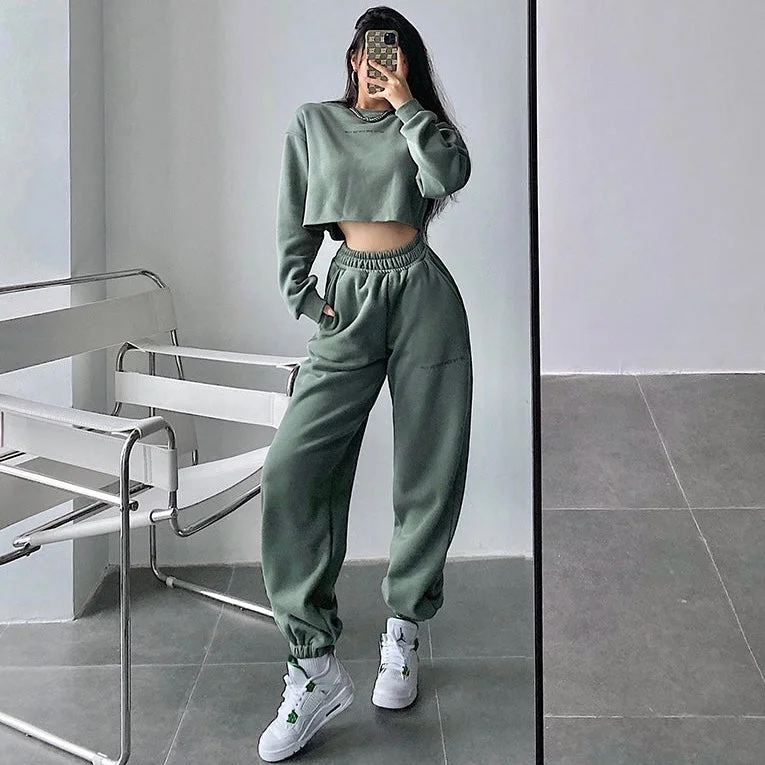 Alice Solid Color Cropped Long Sleeve Sweatshirt High Waist Sweatpants Matching Set Hoodie with Half-Zip Sporty Casual