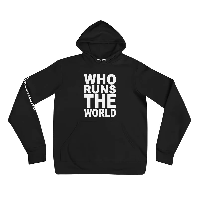 EVERYDAY FLEECE, COZY CHIC HOODIE BLACK - WHO RUNS THE WORLD Hoodie with Magnetic Closure Innovative Modern