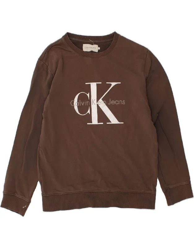 CALVIN KLEIN JEANS Womens Graphic Sweatshirt Jumper UK 18 XL Brown Hoodie with Hem Fringe Bohemian Relaxed