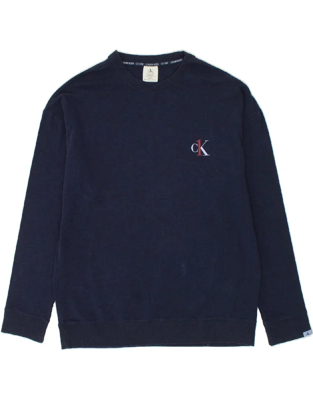 CALVIN KLEIN Mens Sweatshirt Jumper XL Navy Blue Cotton Hoodie with Stripes Bold Sporty