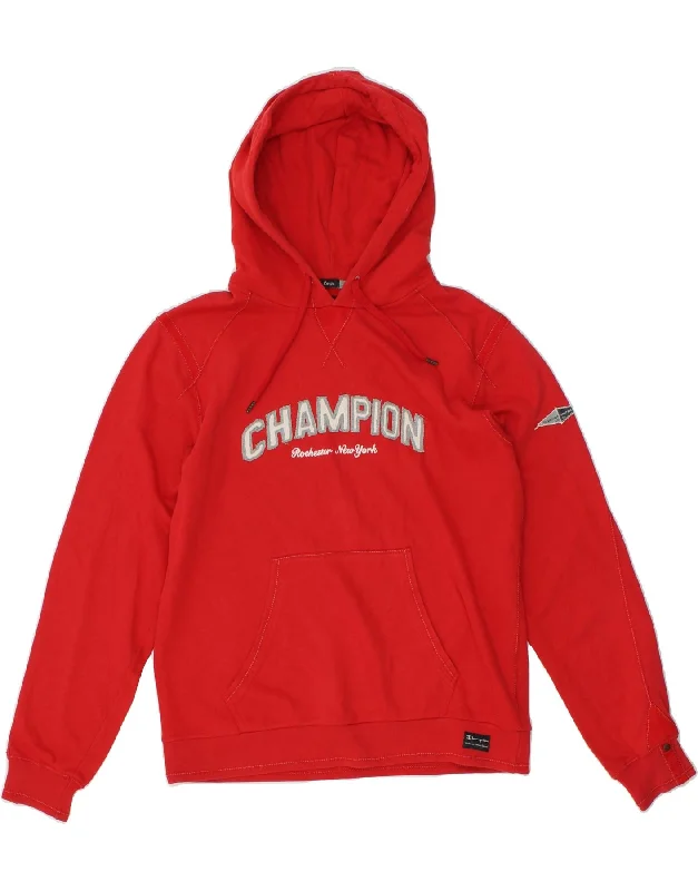 CHAMPION Mens Graphic Hoodie Jumper Large Red Cotton Hoodie with Pattern Geometric Abstract