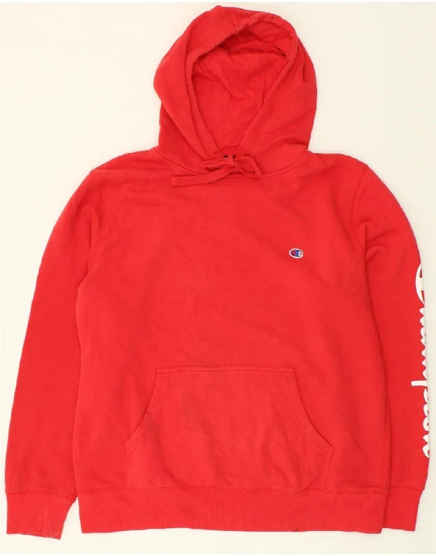 CHAMPION Mens Graphic Hoodie Jumper XL Red Cotton Hoodie with Puffed Sleeves Voluminous Trendy