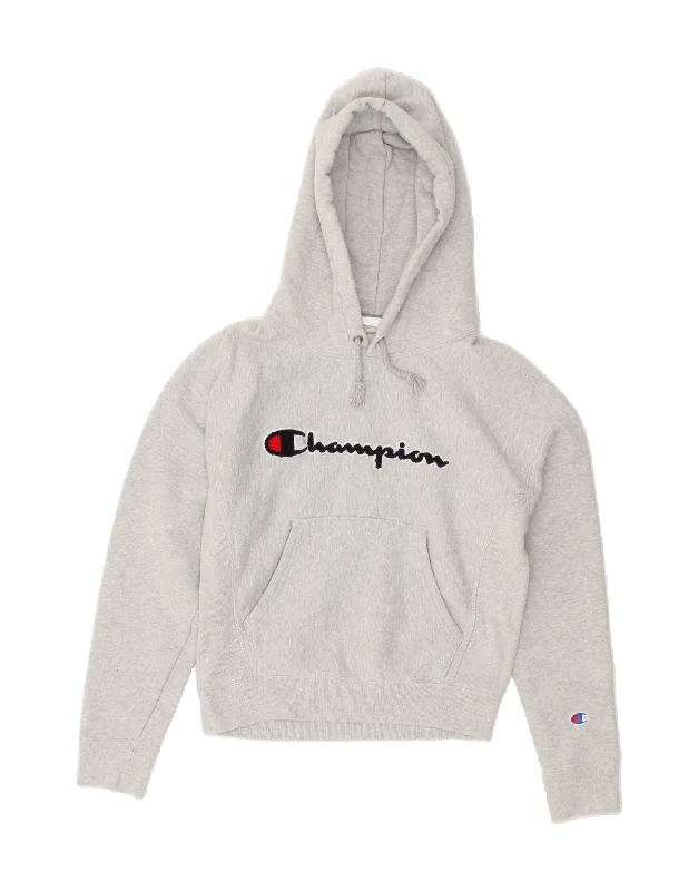 CHAMPION Womens Crop Graphic Hoodie Jumper UK 6 XS Grey Cotton Hoodie with V-Neck Classic Versatile