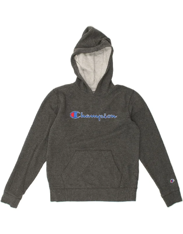 CHAMPION Womens Graphic Hoodie Jumper UK 18 XL Grey Cotton Hoodie with Set-In Sleeves Structured Classic