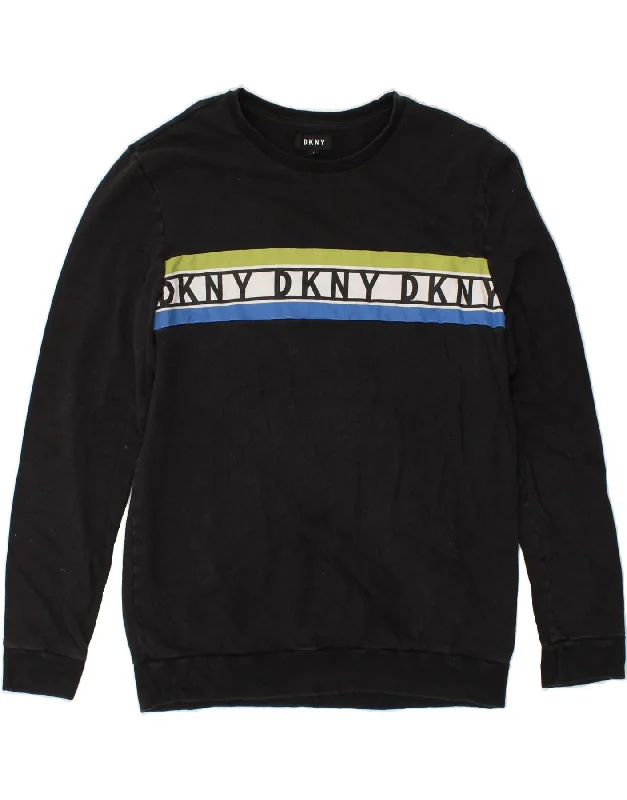 DKNY Womens Graphic Sweatshirt Jumper UK 16 Large Black Cotton Hoodie with Hem Detail Decorative Unique