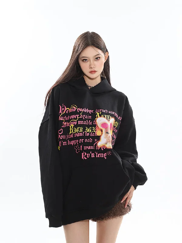 Dria Solid Color Graphic Letter Image Print Long Sleeve Baggy Hoodie Hoodie with Raw Hem Edgy Unfinished