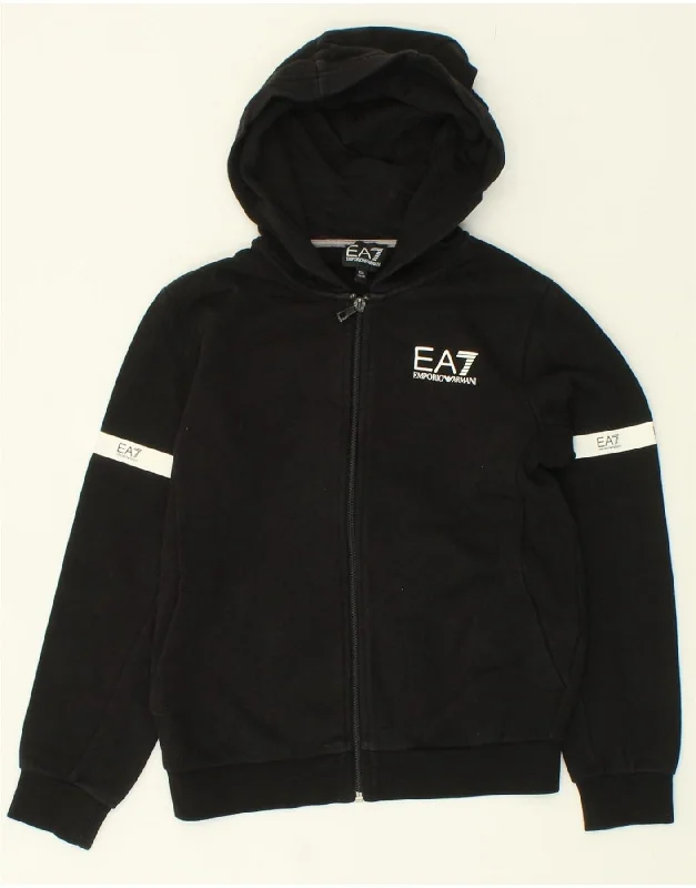 EMPORIO ARMANI Boys Zip Hoodie Sweater 9-10 Years Black Cotton Hoodie with Hem Elastic Stretchable Comfortable