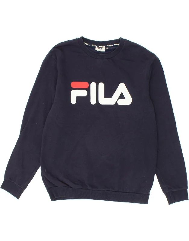 FILA Mens Graphic Sweatshirt Jumper Medium Navy Blue Cotton Hoodie with Hem Frayed Vintage Worn