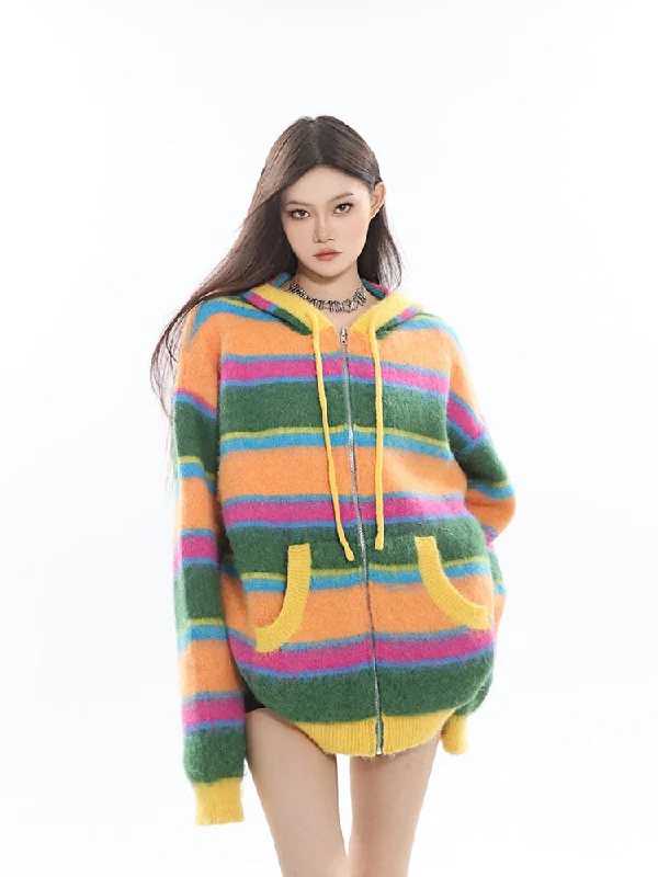 Joy Vintage Rainbow Strip Knitted Long Sleeve Zip Up Hooded Sweatshirt Sweater Hoodie with Longline Fit Extended Stylish