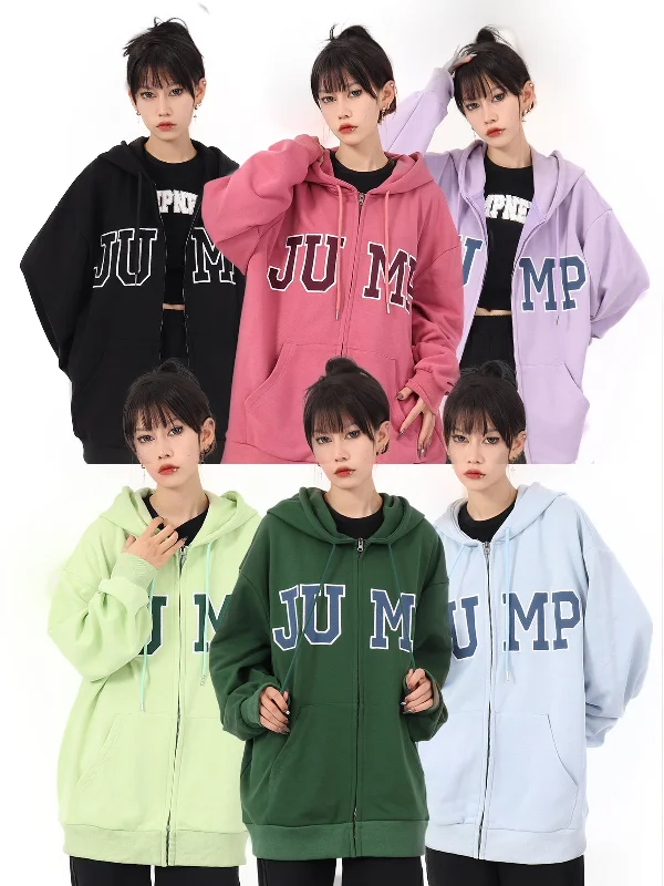 JUMP Big Logo Zip Up Loose Casual Long Sleeve Hoodie Hooded Sweatshirt Casual Wear Street Style