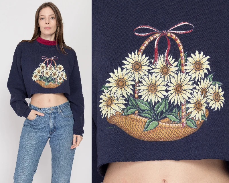 Large 90s Flower Basket Cropped Collared Sweatshirt Hoodie with Hem Drawcord Adjustable Customizable