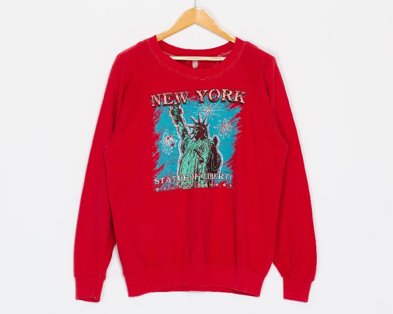 Large 90s New York Statue Of Liberty Raglan Sweatshirt Hoodie with Hem Detail Decorative Unique