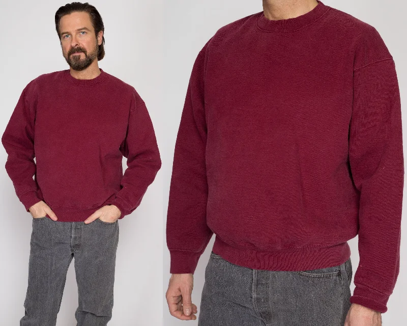 Large 90s Wine Red Crewneck Sweatshirt Hoodie with Hem Applique Textured Unique